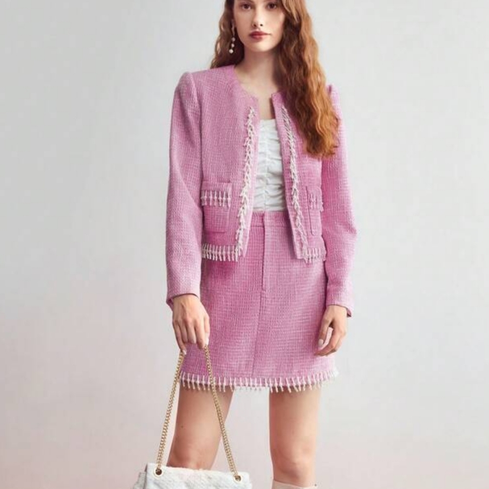 MOTF PREMIUM PEARL TRIM TWEED JACKET AND SKIRT